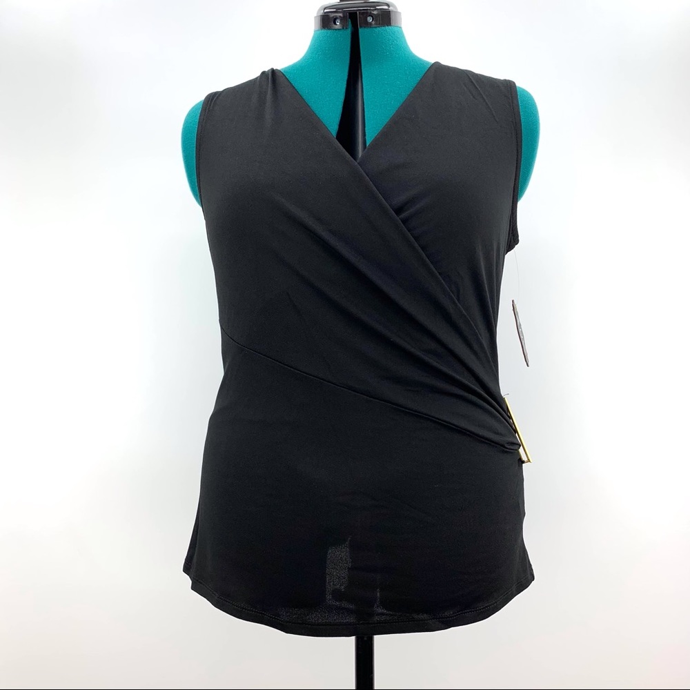 AUW NWT Black Wrap Front V-neck Ruched Sleeveless Top, Medium